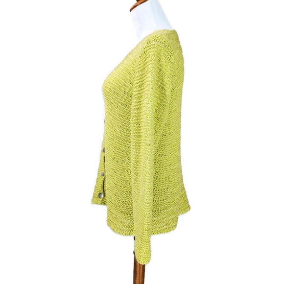 Castle of Ireland Knitwear Open Knit Lime Green Cardigan Sweater Shell Buttons M - Picture 3 of 11